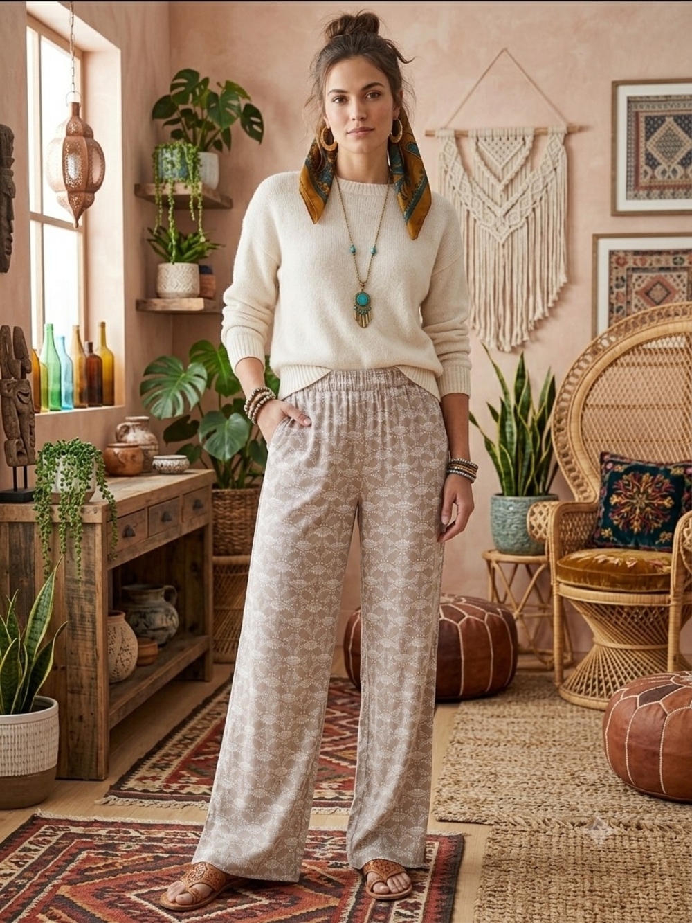 Old Navy Beige Printed Wide-Leg Pants XL Tall